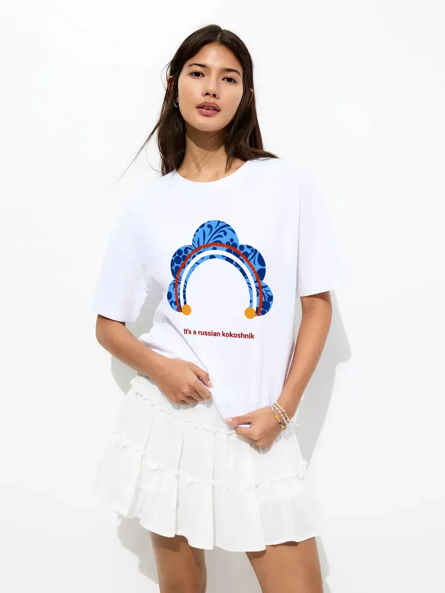 الروسية Kokoshnik تاج الطباعة تي شيرت تصميم الأزياء أنيقة المرأة الجرافيك المحملة 100% القطن الخالص حجم كبير فضفاض بلايز عادية