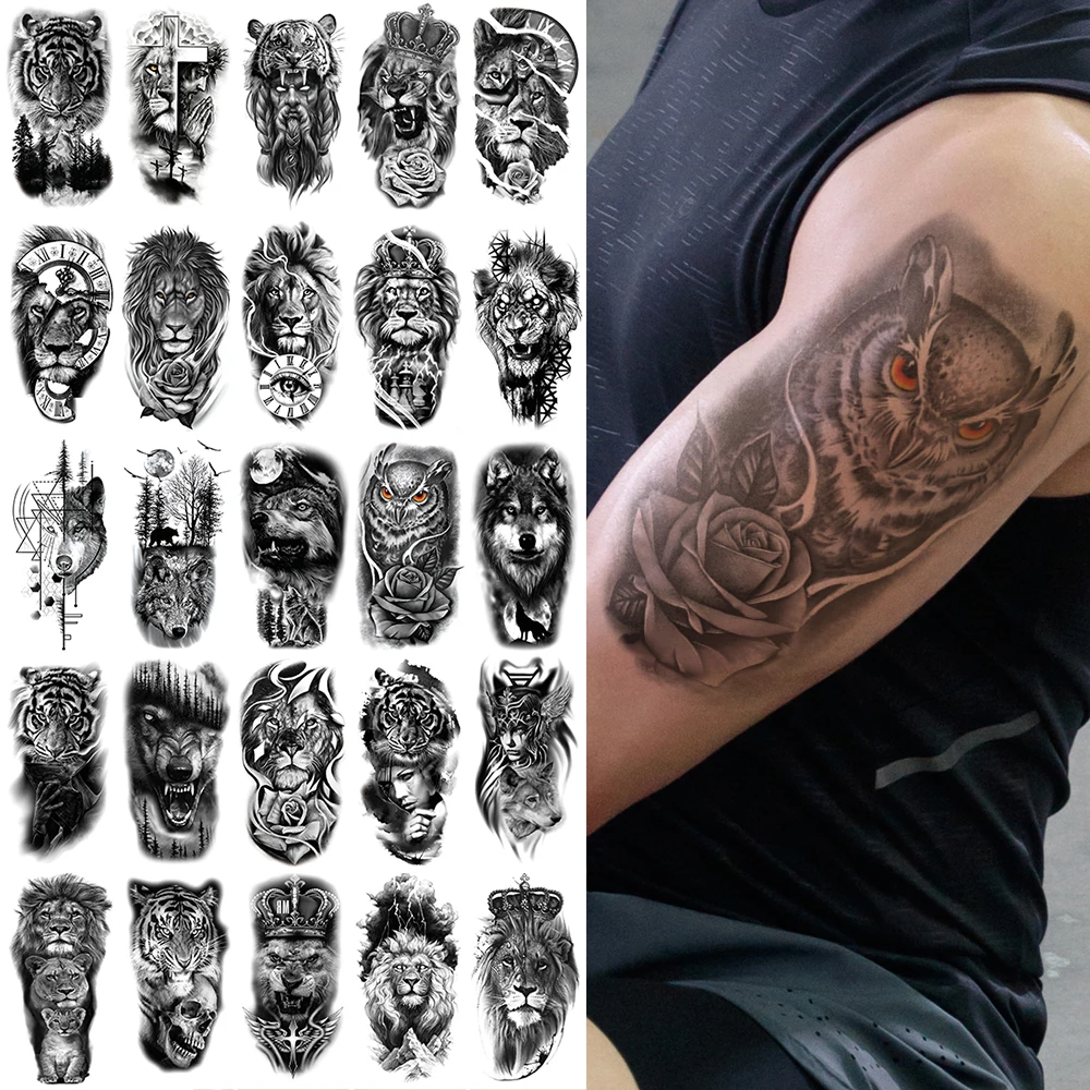 

5pcs,Waterproof Temporary Fake Tattoo Stickers Decals,Skull Tiger Lion Wolf OWL Beast Bird,Body Art for Sexy Cool Man Women Arm