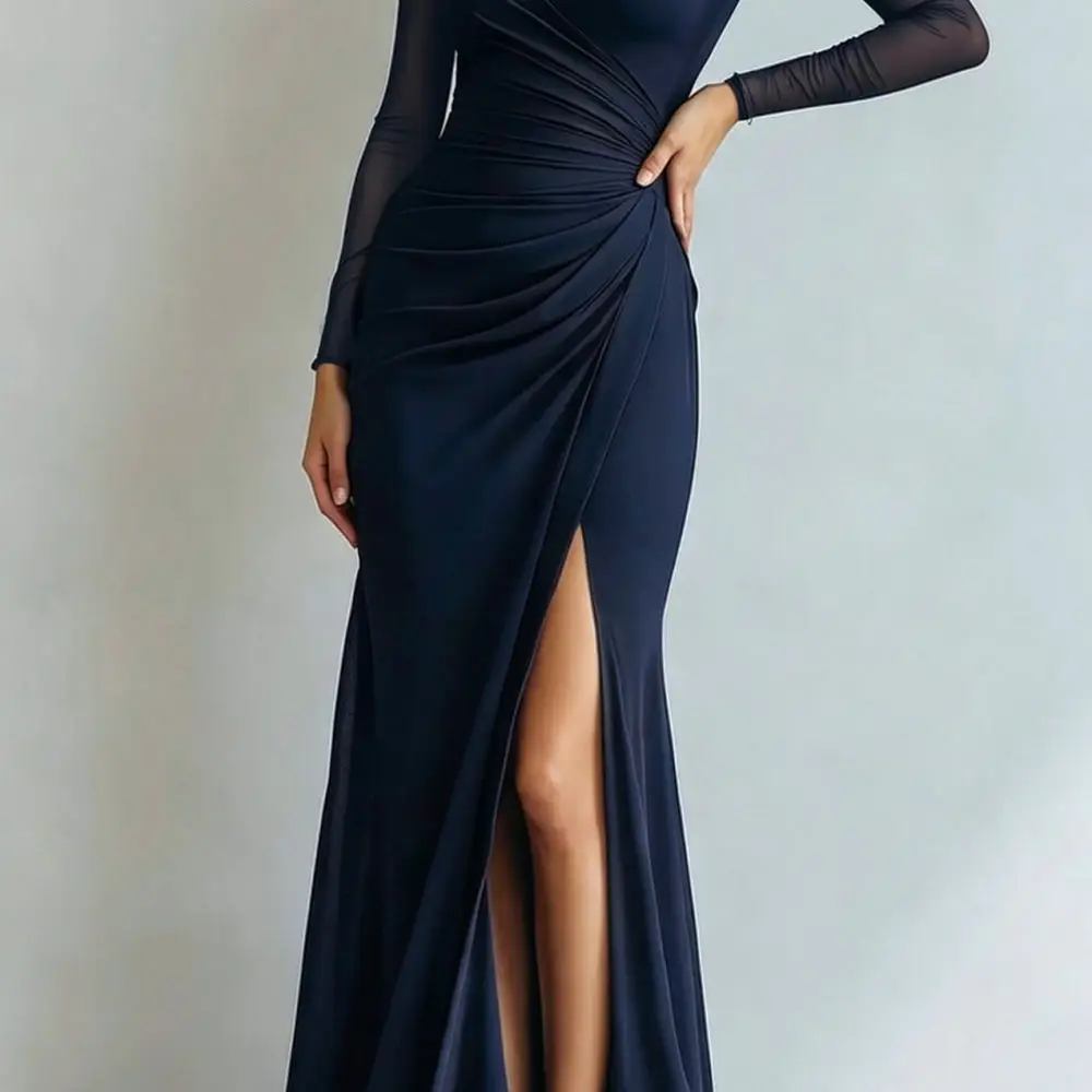 Womens Sexy Long Sleeve Maxi Dress Formal Evening Party Wear Slim Fit High Waist Pleated Bodycon Elegant Cocktail Gown