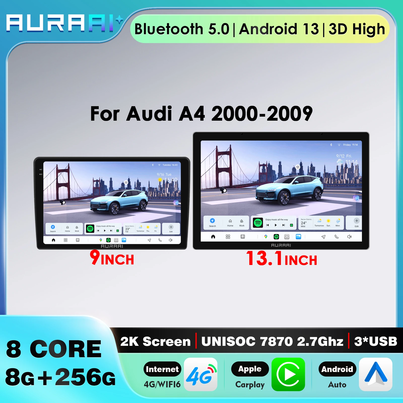 

Автомобильная стереосистема Android 13 для Audi A4 2000-2009 Carplay GPS, интеллектуальный экран, навигация, поддержка 360-камер ADAS, 3D TPMS OBD DAB DSP