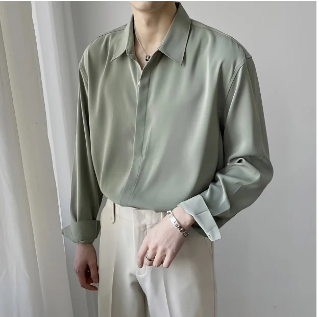 

Spring and fall trend INS drape mens shirts light ripe wind loose solid color all-in-one skin-friendly comfortable no-iron shirt