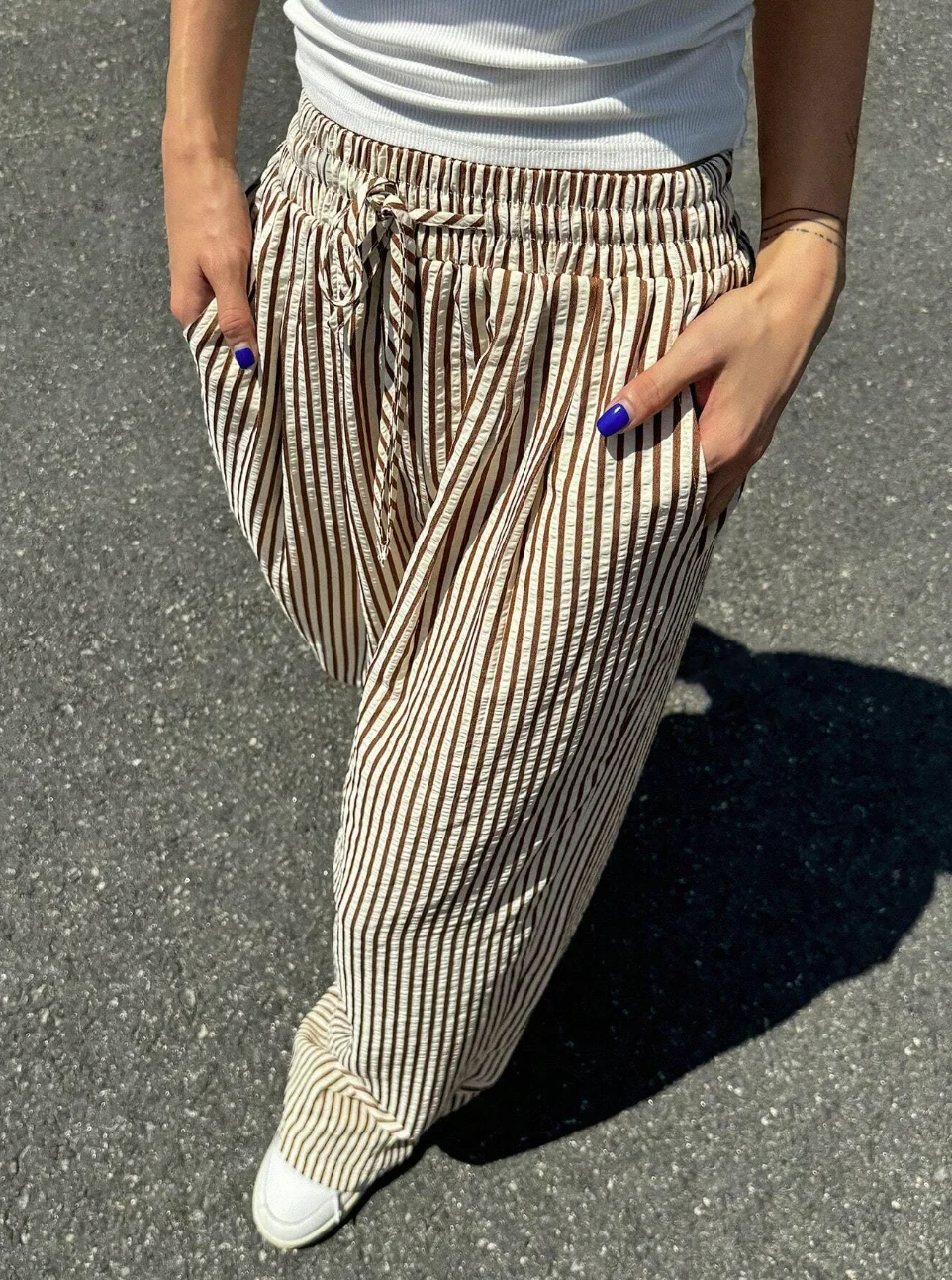Striped printed wide leg pants casual drawstring waist pocket loose spring and summer pants, womens mature pants