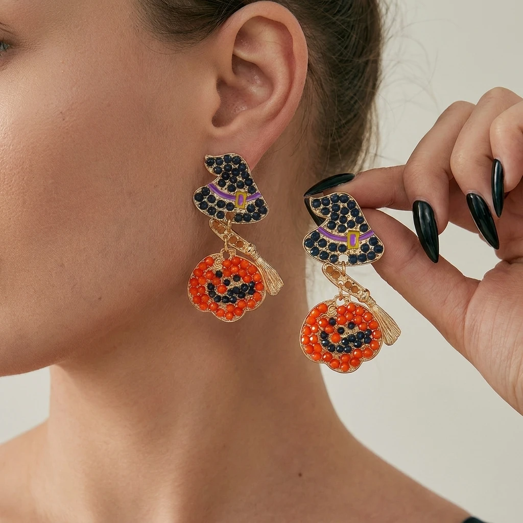 Halloween Pumpkin Series Earrings with Drill Embedded Pearls for Ladies Elegant Hip Hop Style Festival Party Jewelry Gifts
