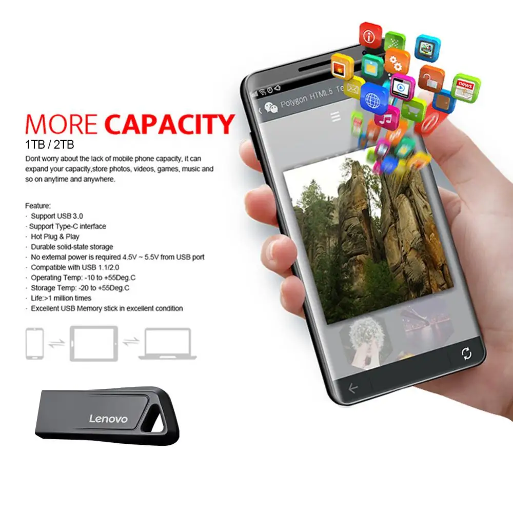 Lenovo-USB Flash Drive, Memory Stick de Alta Velocidade, Memory Stick USB 3.0, 512GB, 256GB, 2TB