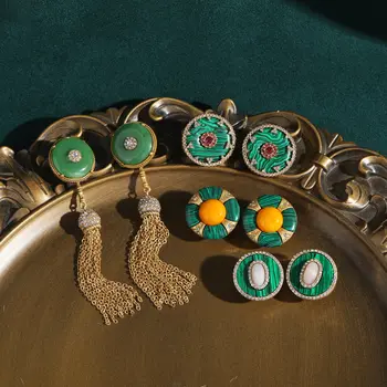 復古長綠色瑪瑙水滴耳環配件 女士花朵仿古金色流蘇吊墜 奢華設計師珠寶 10 最佳銷售 瑪瑙耳環 - №8