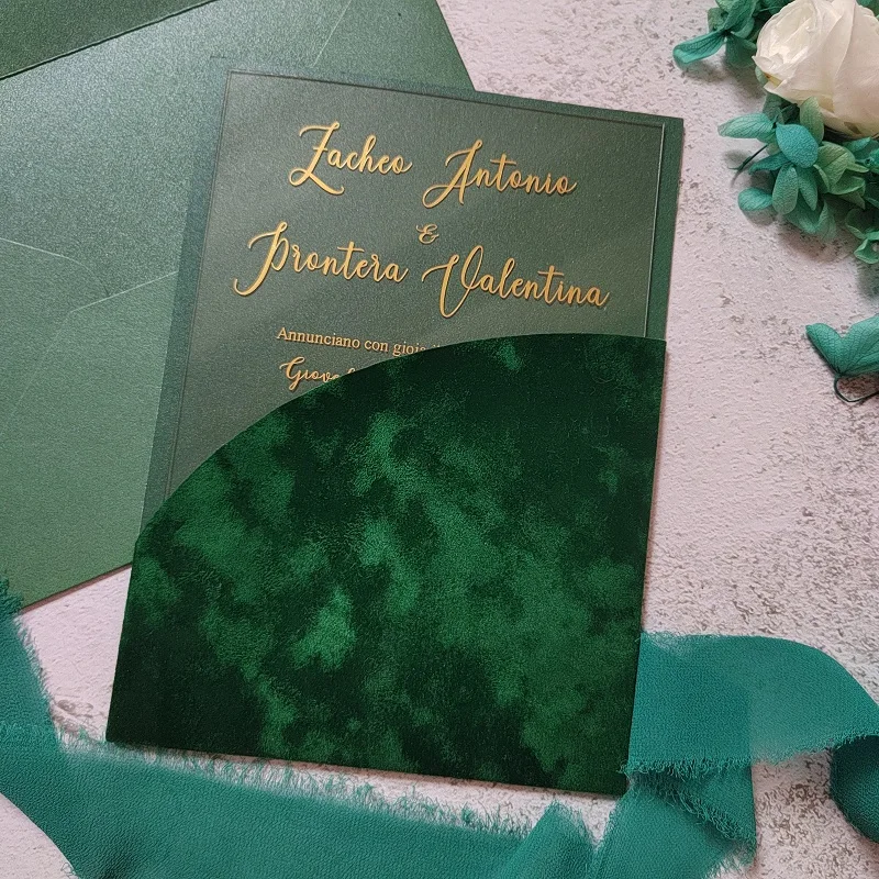 Emerald Green Suede Velvet Invitation Pocket with Gold Foil Acrylic Invitation Card Arch Wedding