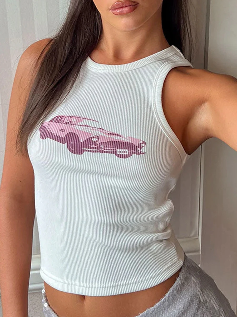 Nieuwe Mode Dames Cartoon Auto Print Tank Tops Mouwloze Ronde Hals Slanke Cropped Vest Streetwear Voor Zomer Hot Sale S M L