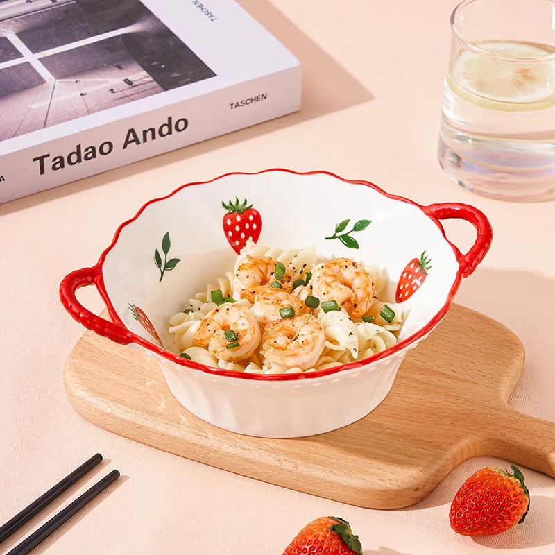 1/2pcs 8-Inch Ceramic Strawberry Ramen Bowl Set – Japanese Cute Design for Noodles & Salads – Microwave Safe, Perfect for Fruit view 5