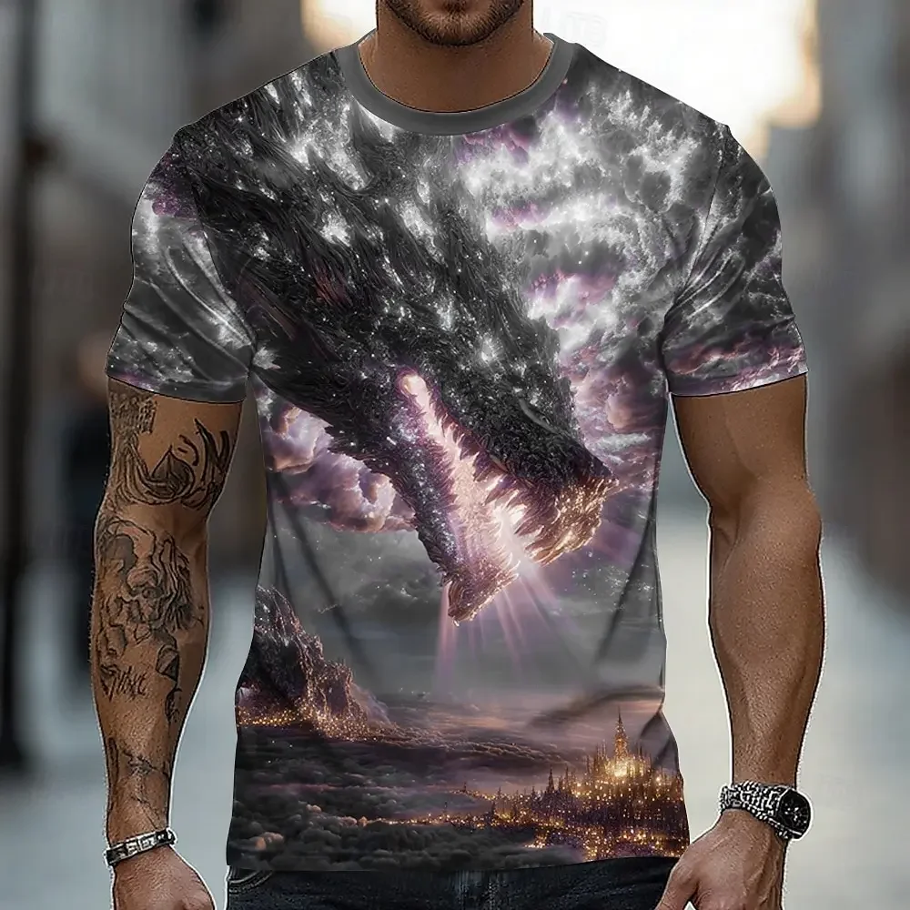 Summer Men's Bizarre Dragon Series Fashion Street 3D Printing Round Neck Short-sleeved T-shirt Personality Trend Loose Top
