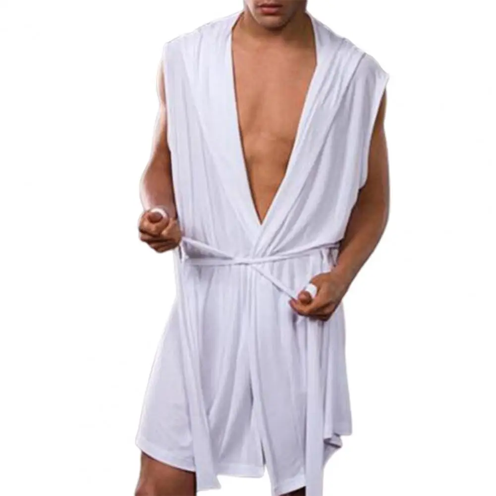 Albornoz con capucha de Color sólido para Hombre, ropa de dormir sin mangas agradable a la piel, pijama Sexy, vestido de verano con capucha para