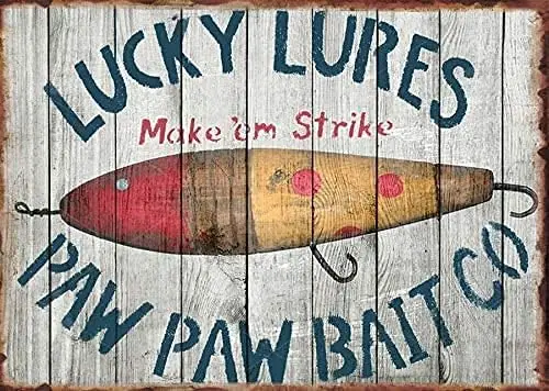 Lucky Lures Fishing Bait Shop Fishing Tackle Vintage Metal Tin Sign Kitchen Pub Funny Novelty Coffee Bar Wall Poster Garden Farm