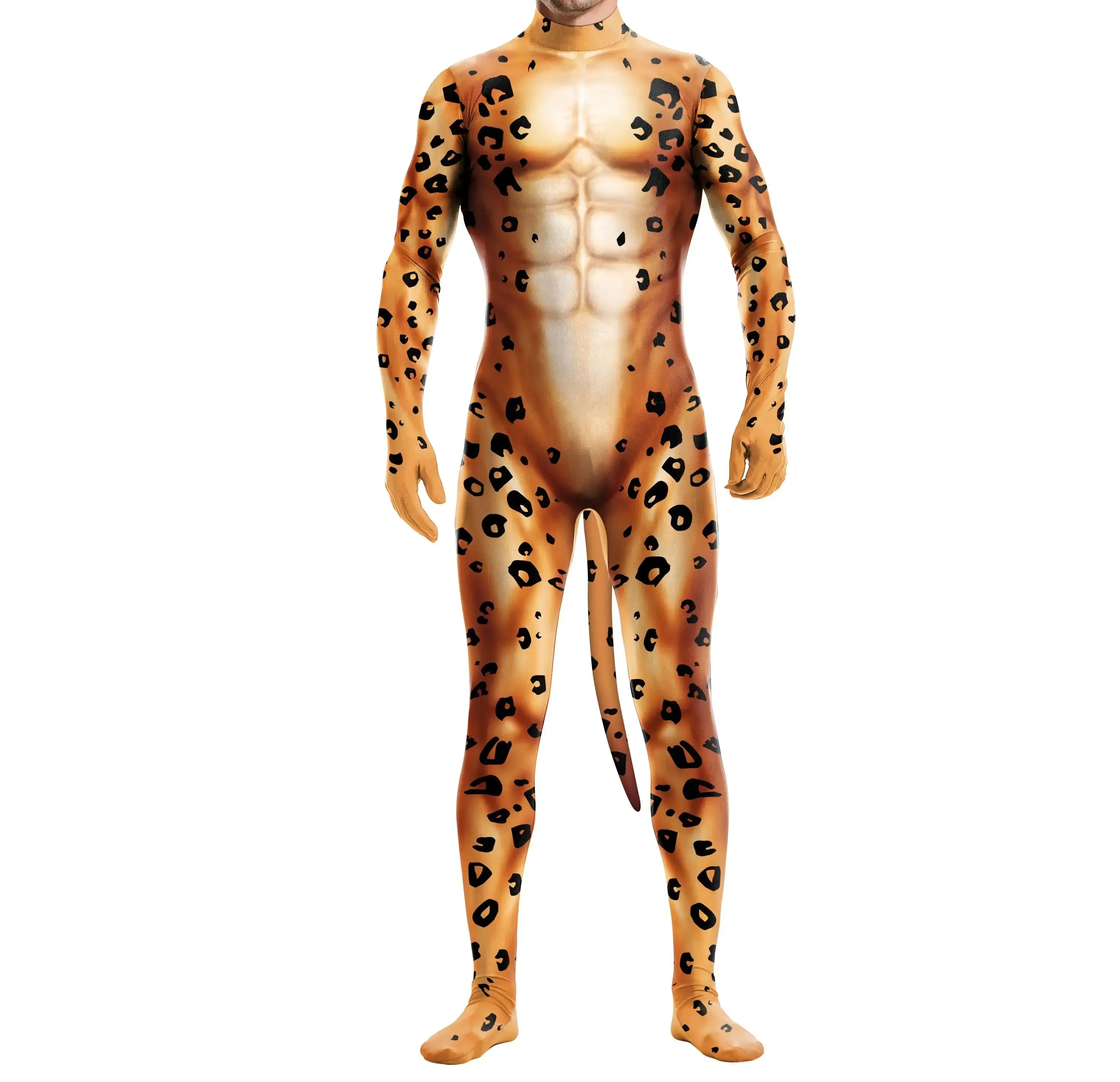 Zawaland-body de leopardo impresso 3D masculino com cauda, traje Cosplay animal adulto, macacão com zíper, roupas masculinas Zentai, macacão