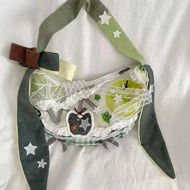 Fashion Polka Dot Plaid Patchwork Canvas Flap Small Square Bag Cute Green Apple Pattern Handbag Chic Streetwear Shoulder Bag