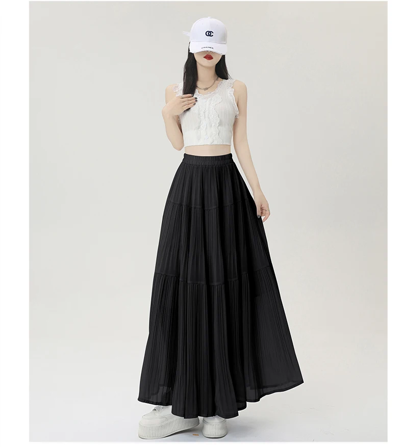 

Chiffon midi skirt for women in summer 2025, high waist, slimming, versatile cake skirt, A-line pleated long skirt