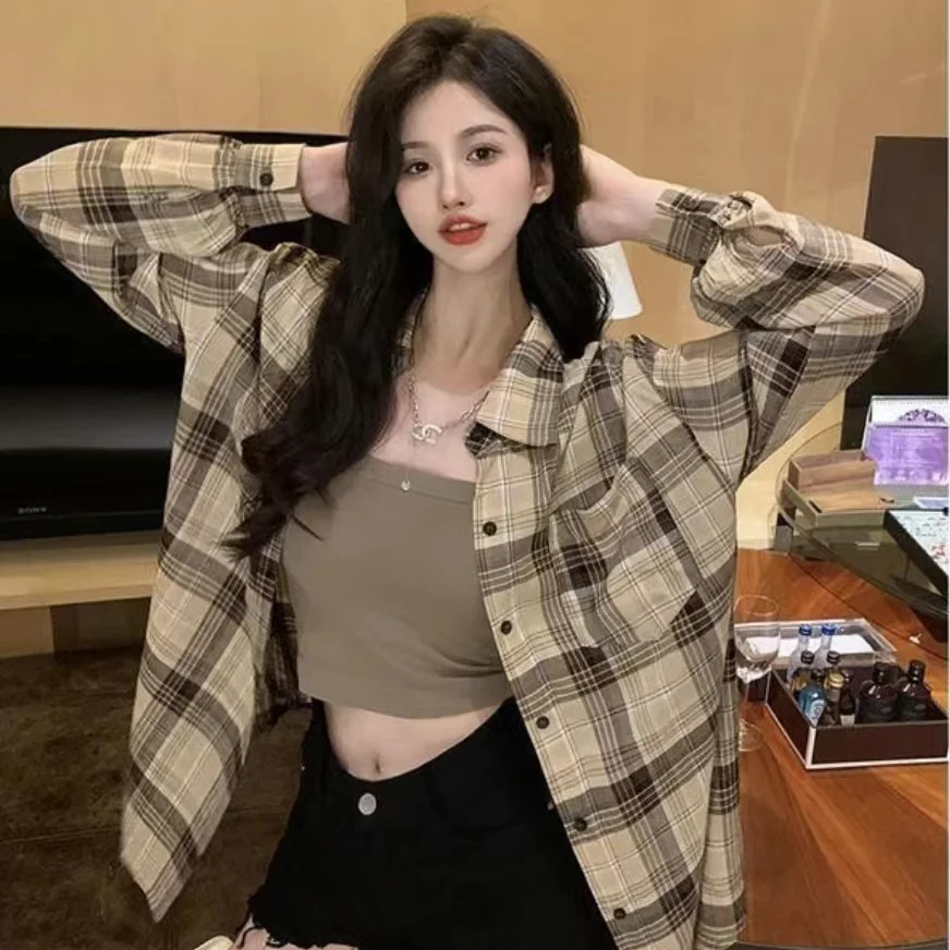 Pink Spring POLO Collar Plaid Shirt Coat Women Summer Mid Length Version Long Sleeved Loose Contrasting Colors Affordable Tops