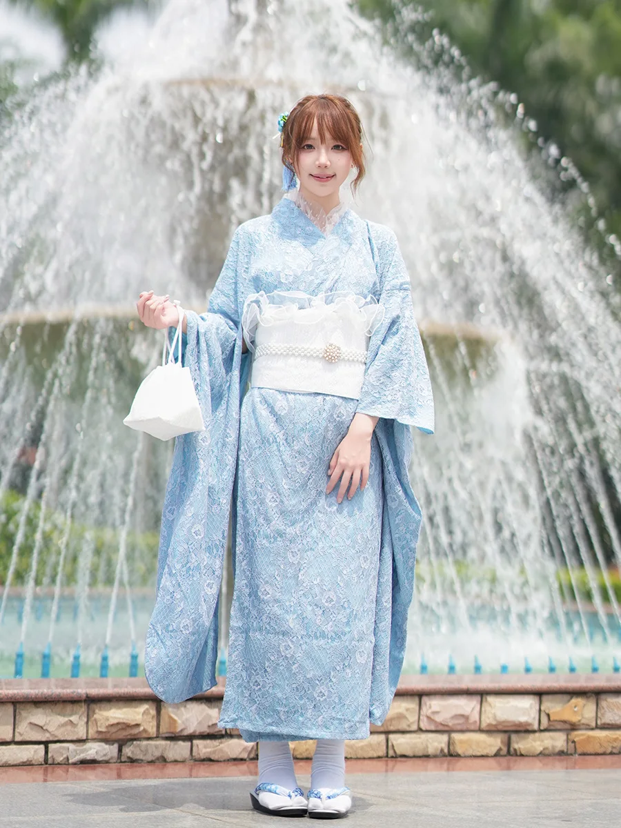 

Women’s Japanese Traditional Furisode Kimono Light Blue Color Lace Formal Yukata Sweet Performance Dress Cosplay Costume