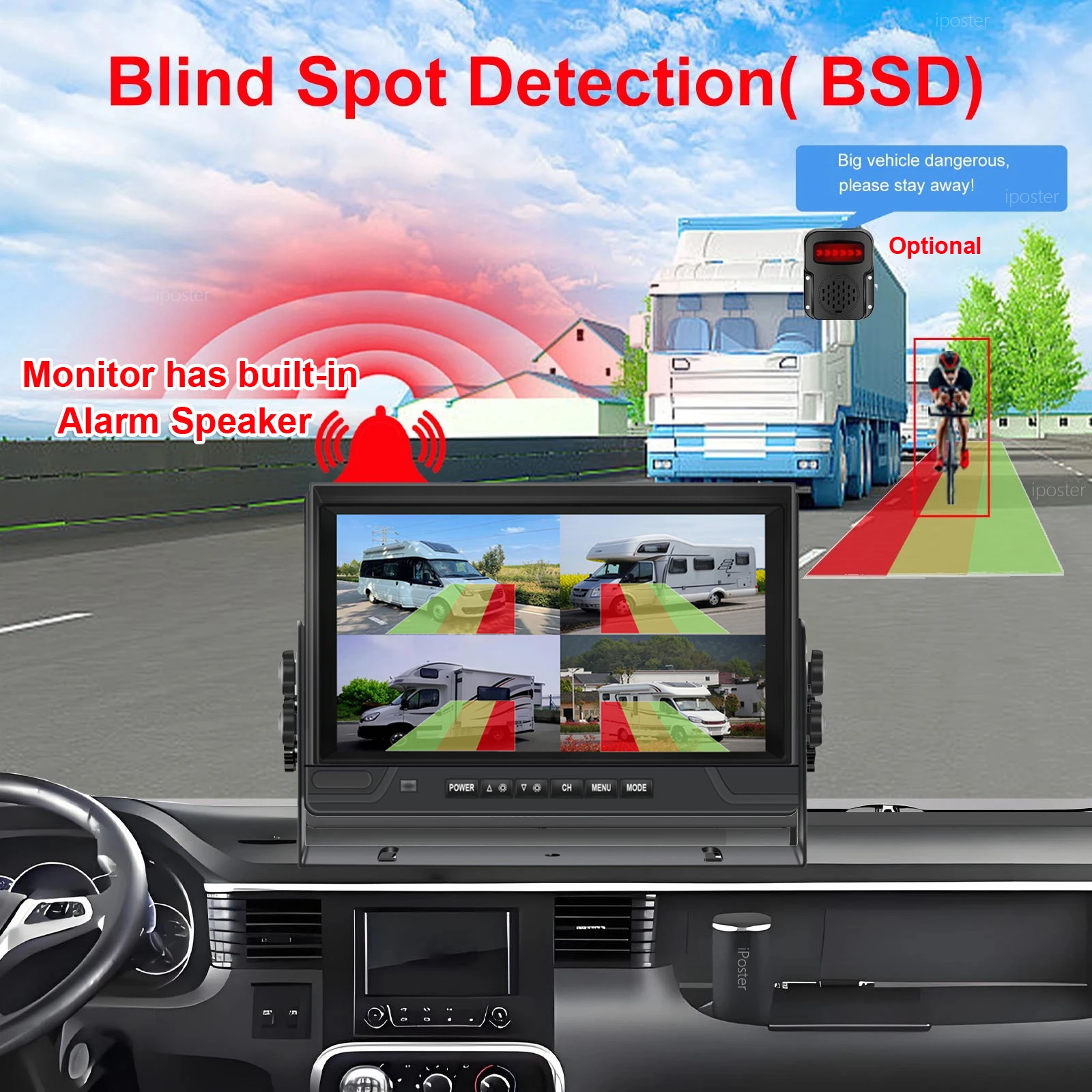 PWAS 9 Inch 4ch DVR Monitor BSD Ai Detection Pedestrian Vehicle Safety Alert Reverse Aid 1080P Backup Cameras for Truck Rv