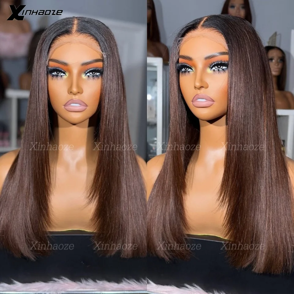 

5x5 Silk Base Closure Human Hair Wigs Ombre Dark Brown Silky Straight Pre Plucked 360/Full Lace Human Hair Wigs With Full End