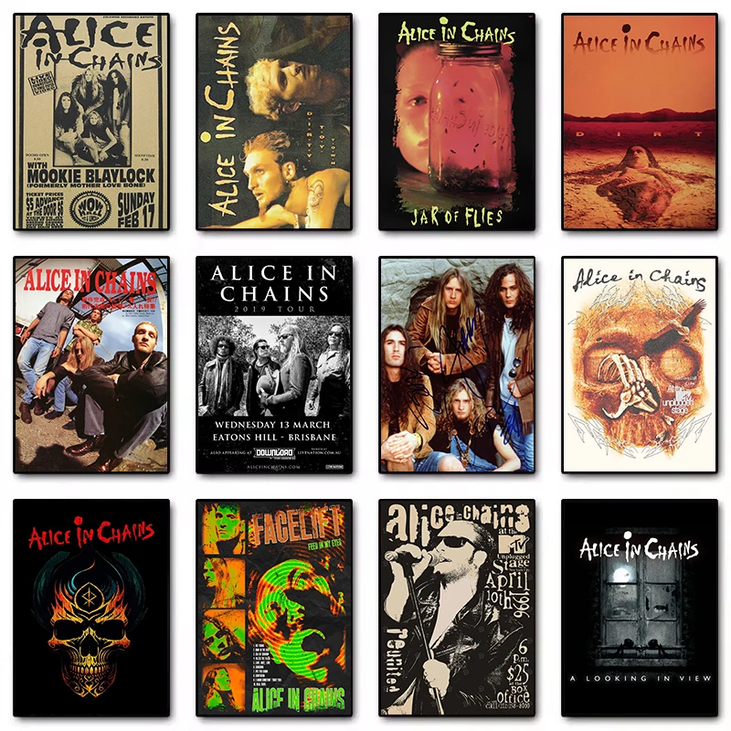 90er-Jahre-Grunge-Band A-Alice in Chains Musikästhetisches Retro-Poster, Wandkunst gedruckt, Leinwandgemälde, Heim- und Schlafzimmerdekoration