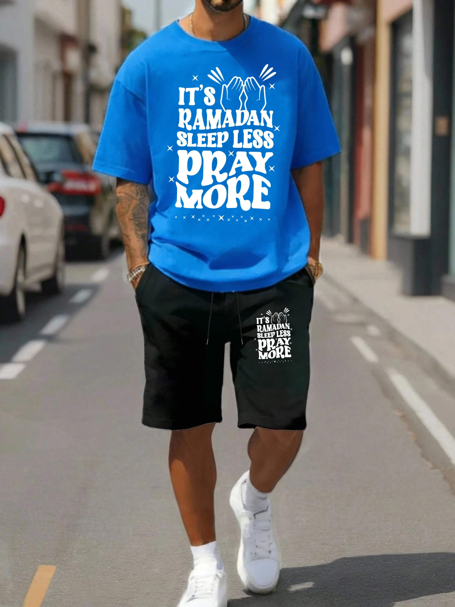 

It'S Ramadan Sleep Less Pray More Print Mens T Shirts Suit All-Match Cotton Tee Drawstring Sport Shorts Unisex Loose Sportswear
