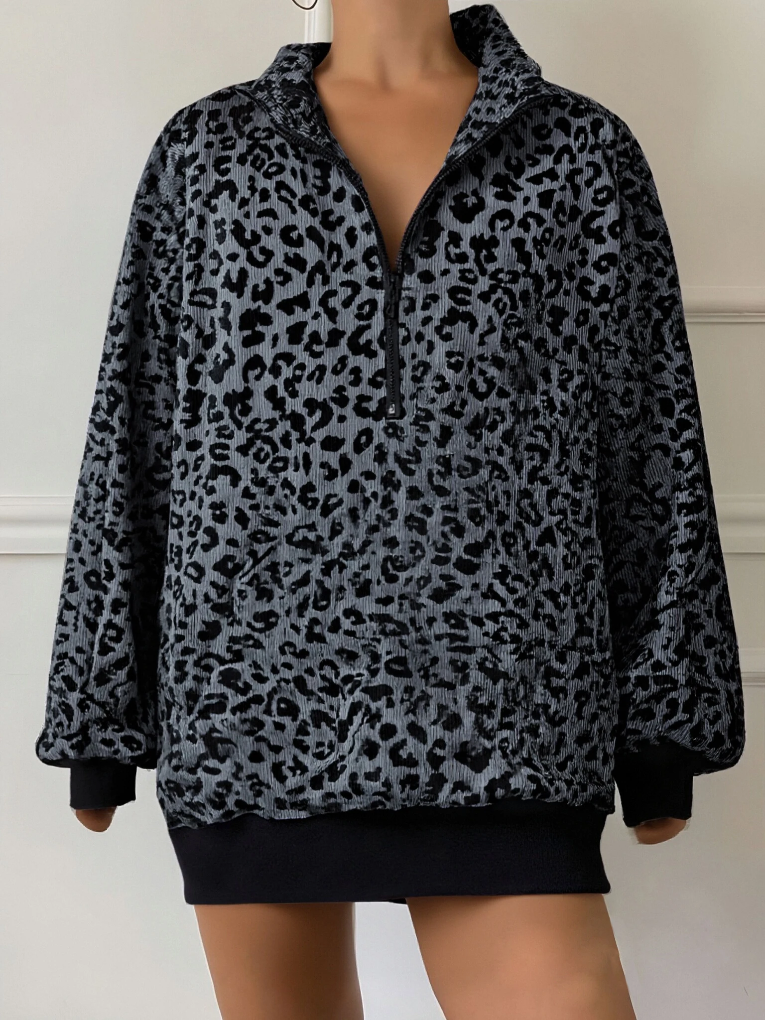 Women's retro leopard print stand up collar jacket casual loose long sleeved jacket