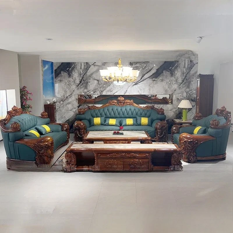 Ebony Thickened Top Leather Sofa Set with Crown Elephant Carving