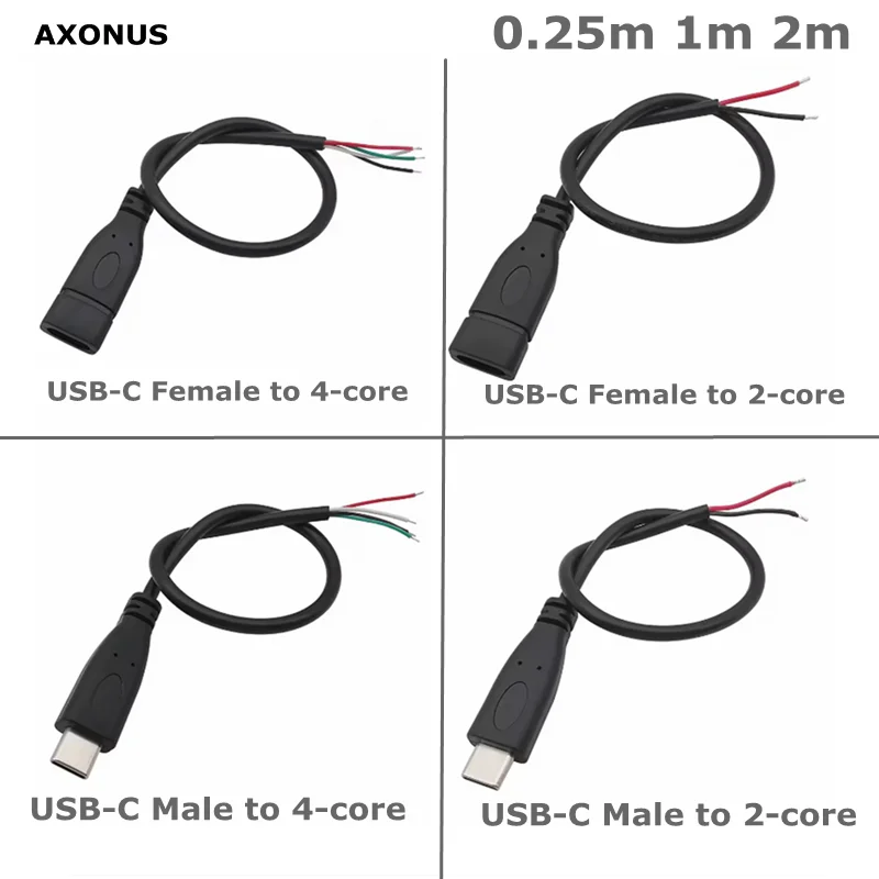 DIY 20+28AWG 5V 3A Type-C Male Female Socket to 2 Pin 4 Pin Bare Wire Power Cable Replacement Bare Wire Open End Power Cable