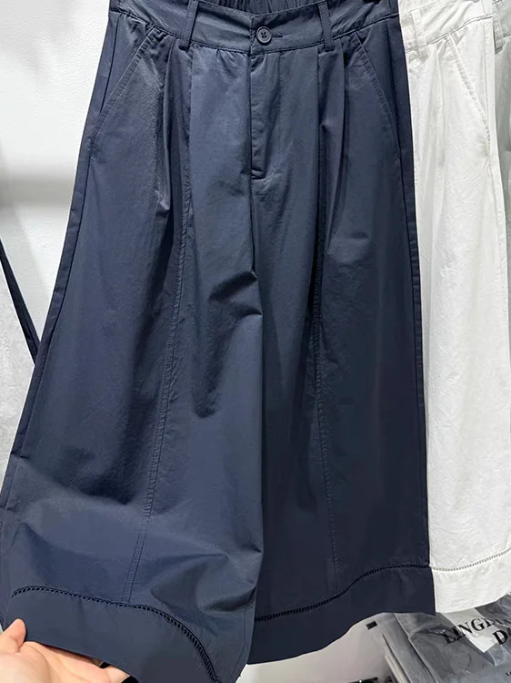 Damskie spodnie casualowe z wysokim stanem, proste nogawki, ażurowe wstawki, cienkie, szerokie nogawki, długość 7/8, nowość na lato.