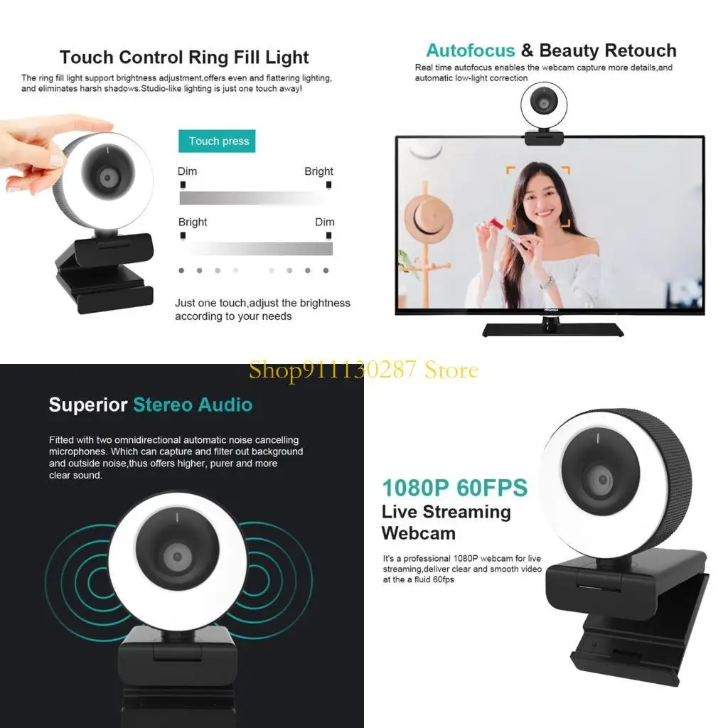 

Веб -камера J1HC 1080p с микрофоном AutoFocus Регулируемая яркость USB -потоковая веб -камера 60 кадров в секунду