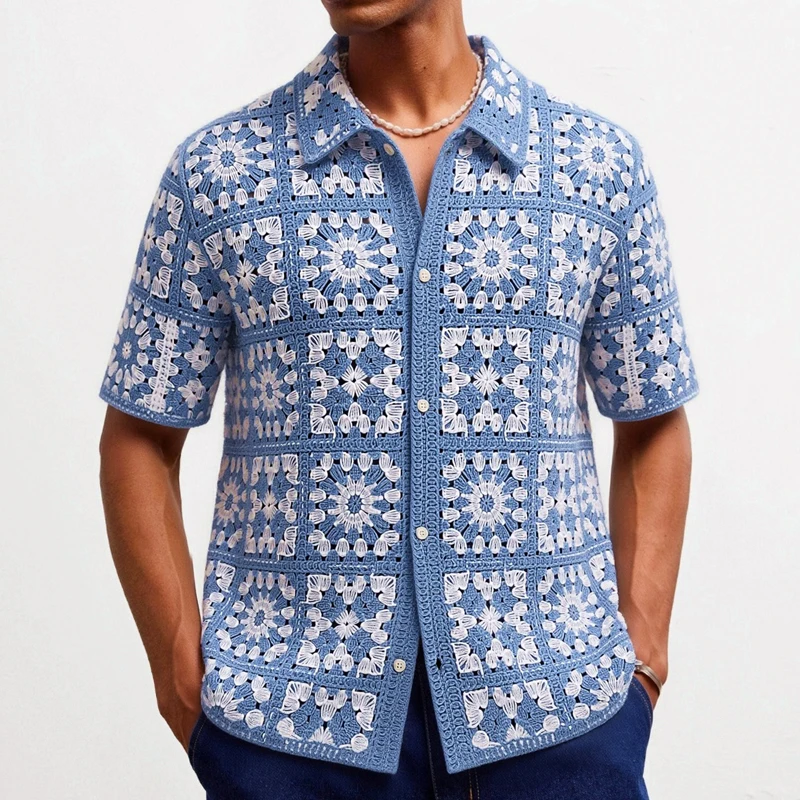 Summer New Arrival Geometric Crochet Knitted Polo Shirt Men Short Sleeve Lapel Cardigans Beach Vacation Man Tops Clothes SY0005