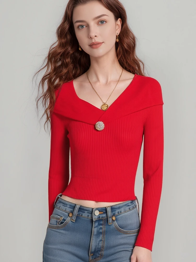 Elegant Long Sleeve Pullover V-neck Sweater Women New Fashion Knitted Slim Fit Fall Jumper Casual Solid Color Knitwear Short Top