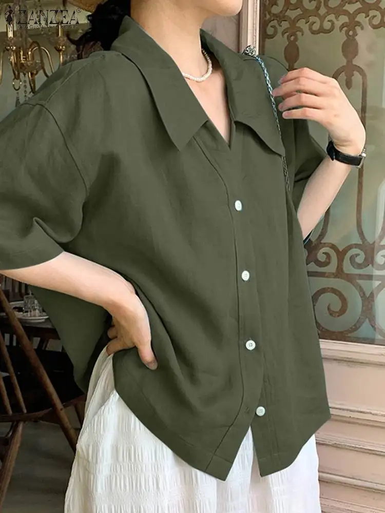 ZANZEA 2023 Summer Shirt Women Blouses Turn-Down-Collar 3/4 Sleeved Buttons Up Blouse Loose Tops OL Shirts Solid Casual Tunic