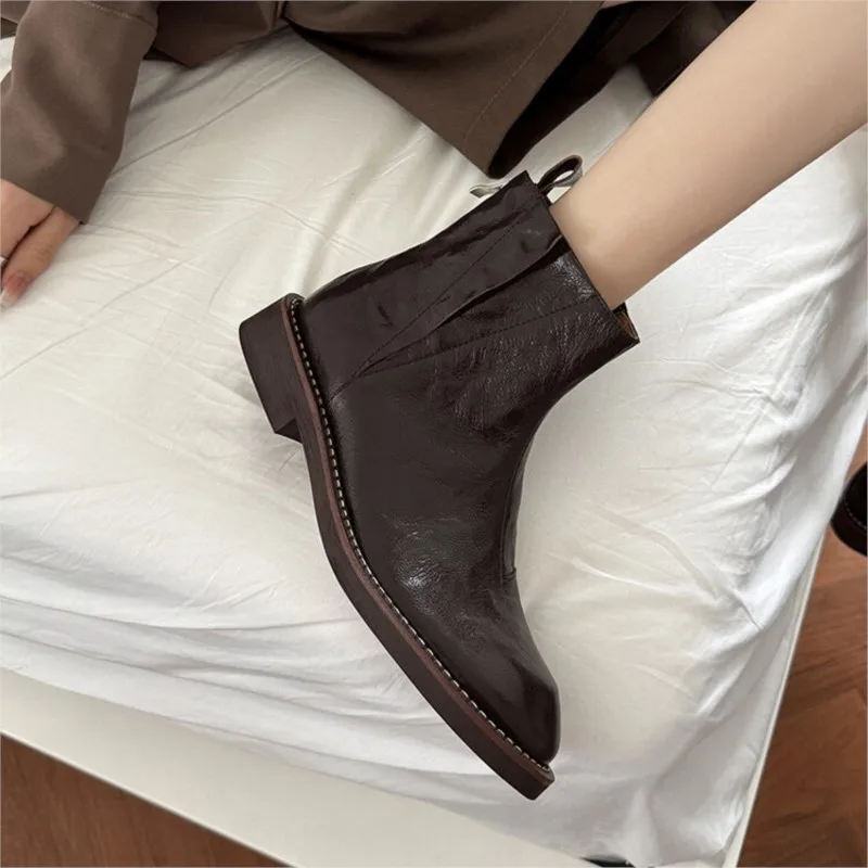 Full Leather Square Heel Round Toe Sheepskin Vintage Flat Boots Boots One Foot Stirrup Zapatos Para Mujeres Botas Botines