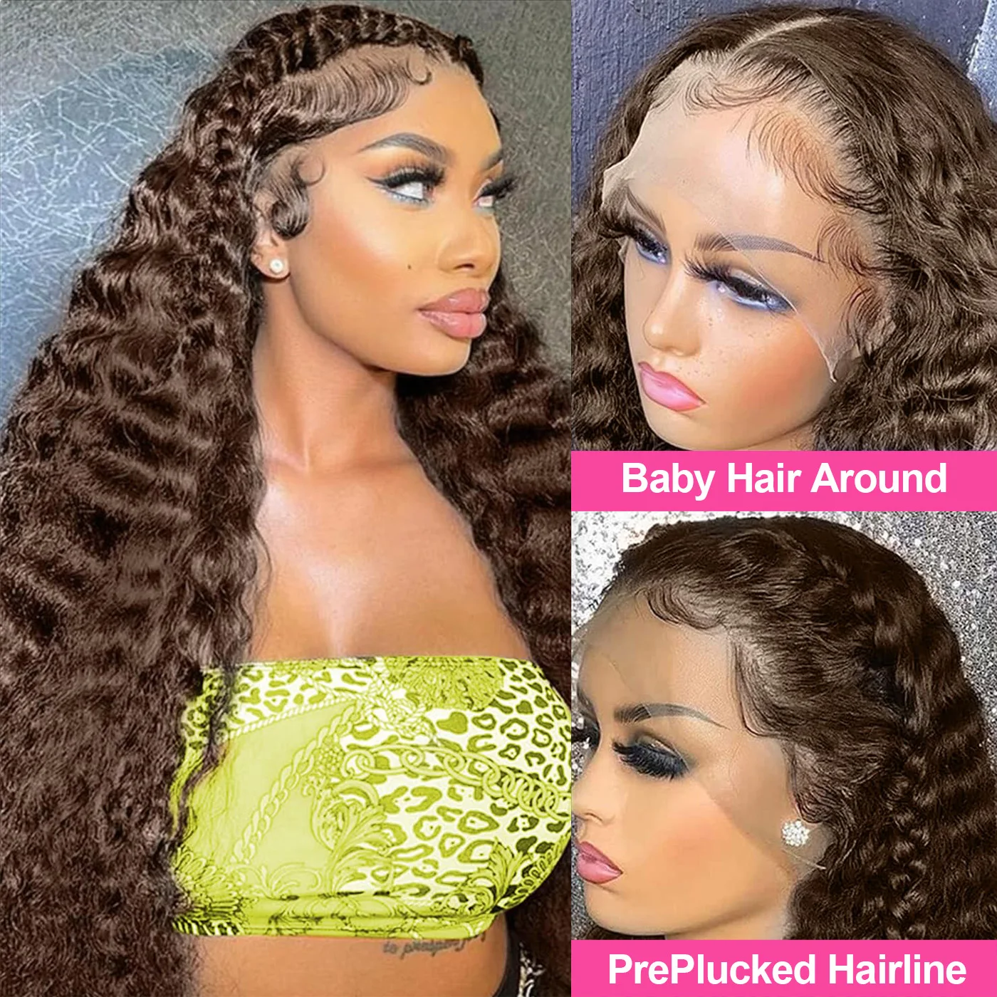 13x4 Chocolate Brown Water Curly Lace Front Wig #4 Colored Human Hair Wigs Pre Plucked Deep Wave 13x6 HD Lace Frontal Wigs 200% image 3
