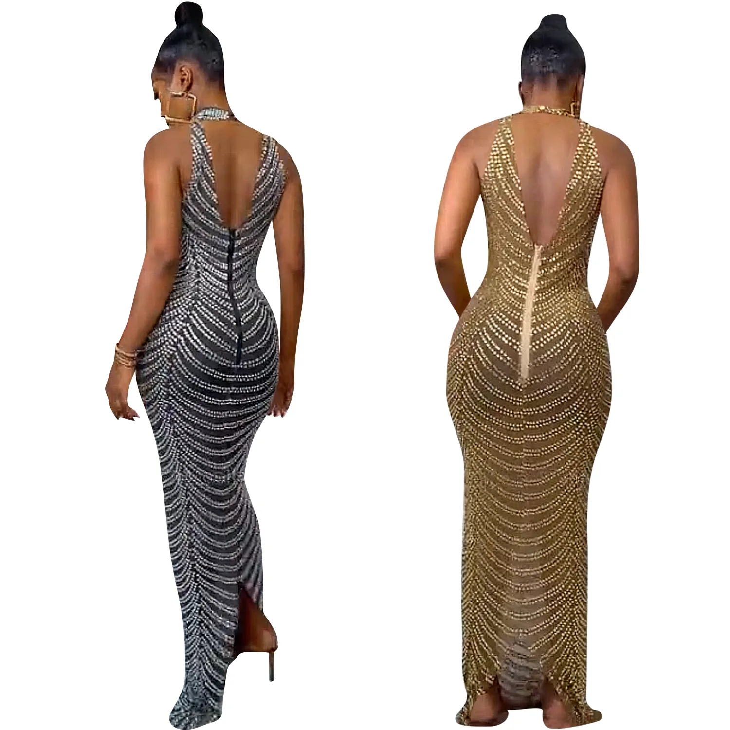 Black Gold African Dresses for Women Summer Sexy African Women Wedding Evening Backless Mesh See Through Night Club Maxi Dress