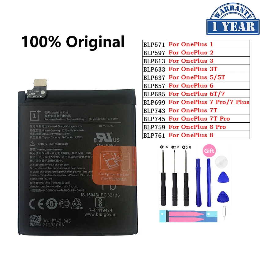 

100% Original Phone Replacement Batteries For OnePlus 1 2 3 1+ One Plus 3T 5 5T 6 6T 7 7T 8 Pro Plus 7Plus 7Pro 8Pro Battery