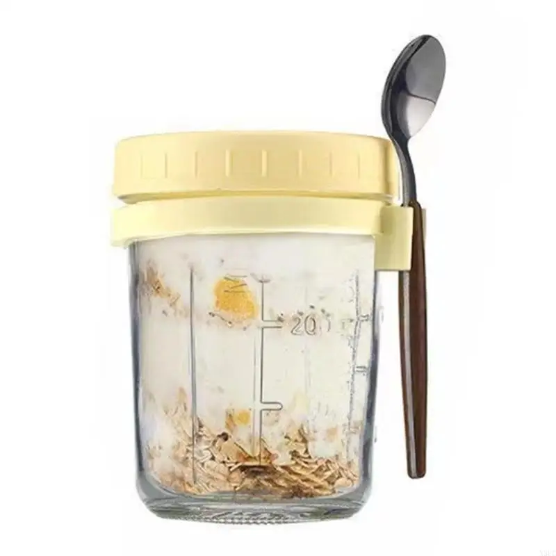 Serving Bowl Sealed Glass Drinking Cup With Attachable Spoon Oatmeal Container X3UC