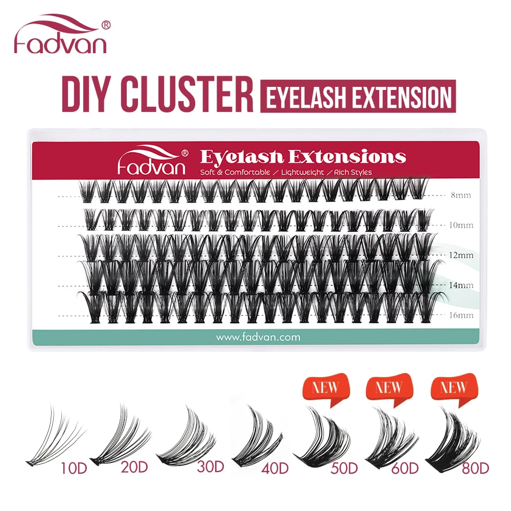 FADVAN 5-reihige Heat Cluster Bonded C/D Curl Wimpernverlängerung, individuell, schwarz, professionelles DIY-Make-up, vorgefertigte falsche Wimpern