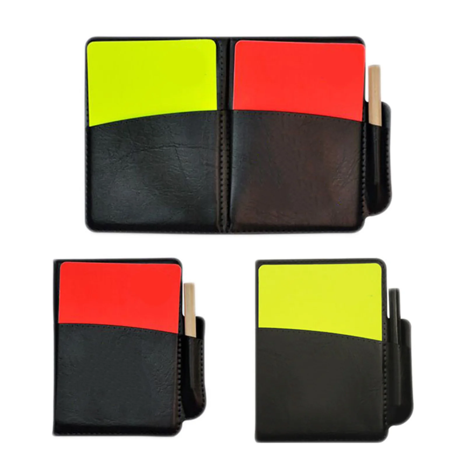 

Набор карточек спортивного футбольного рефери. Красно-желтая карточка футбольного рефери с ручкой. Бумажная карточка для записей. Набор карточек футбольного рефери.