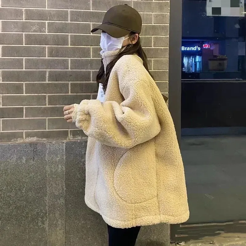 

Thickened Leather Fur Integrated Women's Jacket Outerwear Autumn Winter Loose Slimming Lamb Fur Stand Collar Sweatshirt