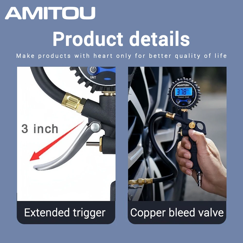 AMITOU เครื่องวัดความดันยางแบบดิจิตอลแบบพกพาหยุดอัตโนมัติ 250PSI สําหรับรถยนต์จักรยานรถจักรยานยนต์ Inflator หัว