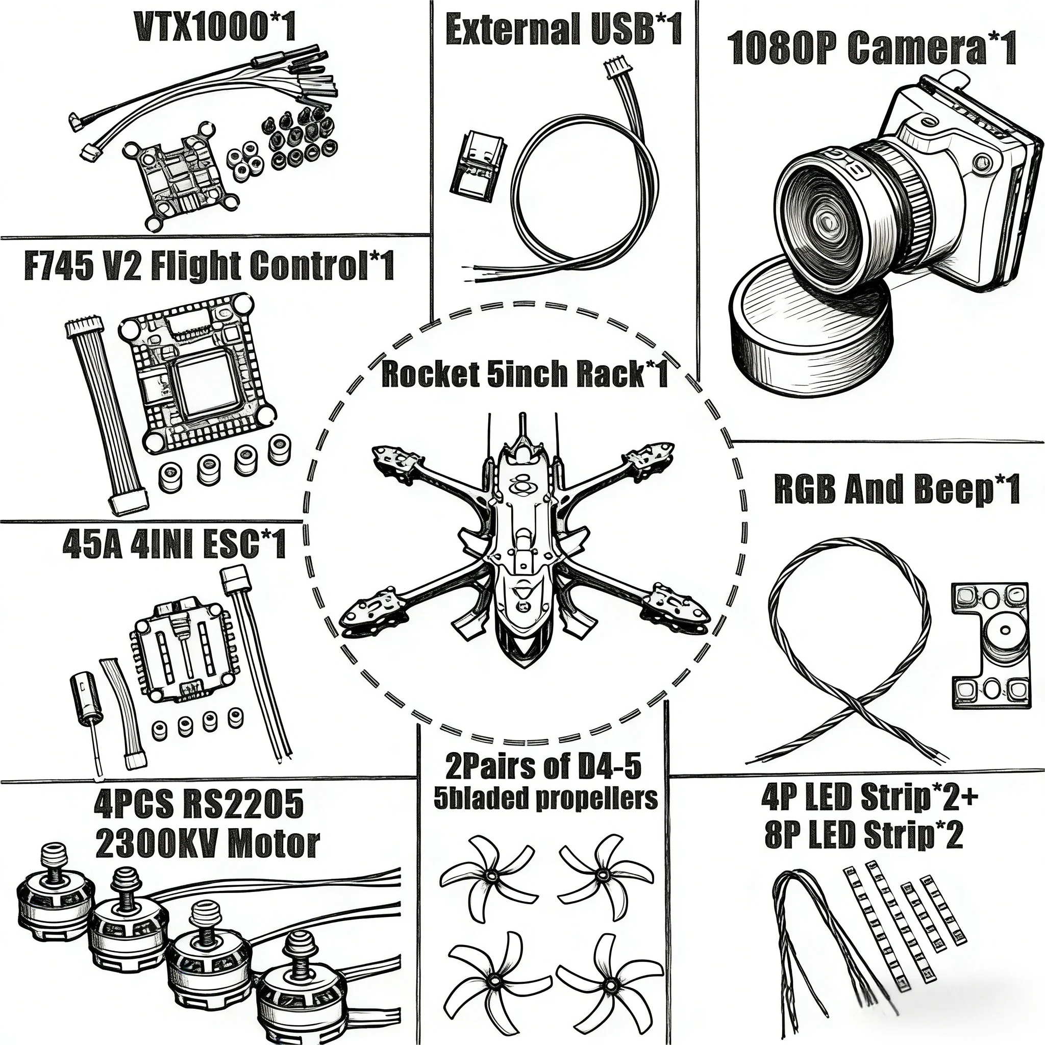 B-CUBE Rocket 5 pulgadas FPV Drone marco Kit fibra de carbono Racing Quadcopter estilo libre INAV Beatflight F722 Ardupilot Control de vuelo