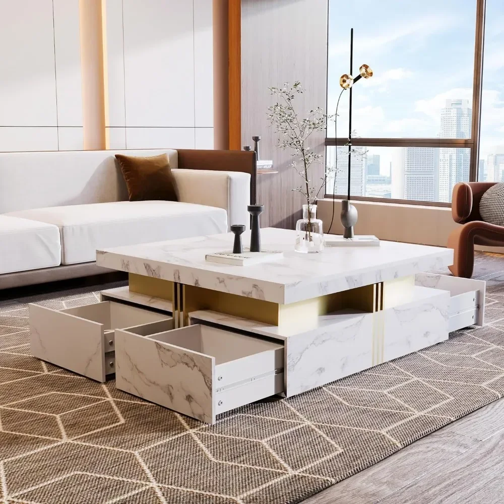 Modern coffee table for living room and office (white), modern square design, marble pattern, storage space, coffee table