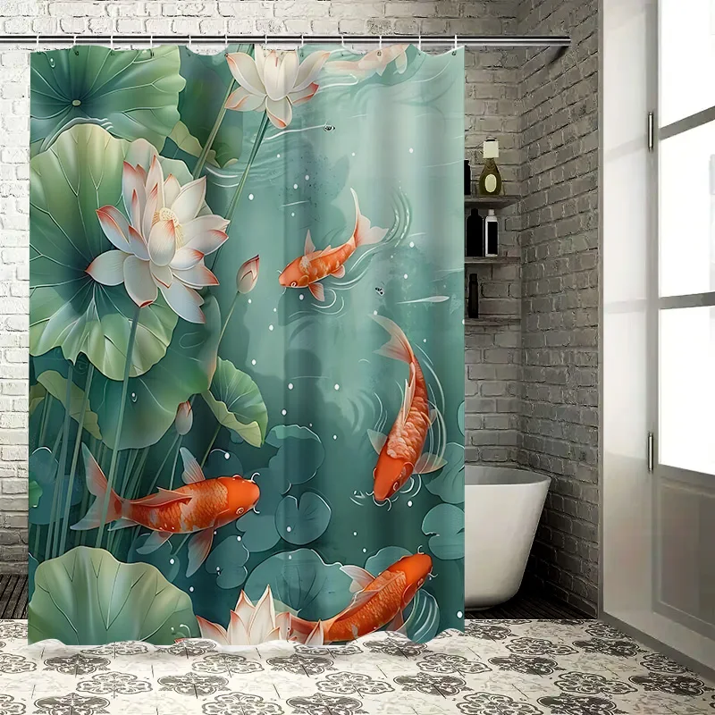 

Elegant Chinese Style Lotus Koi Fish Waterproof Shower Curtain For Bathroom Decor Enhancing Aesthetic Atmosphere RustproofHooks‌