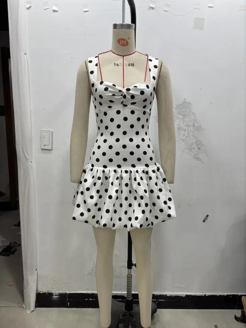2025 new summer products women's balloon version of the hem polpok print dress lovely strap sleeveless dress