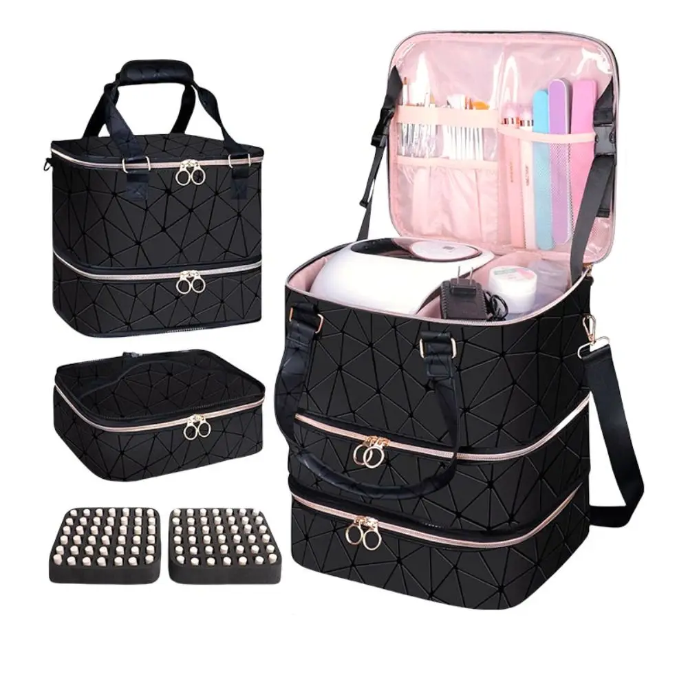 

3-Layers Nail Polish Organizer Bag 84 Grids PU Essential Oil Bag Large Capacity with Handle Cosmetic Organizer Bag