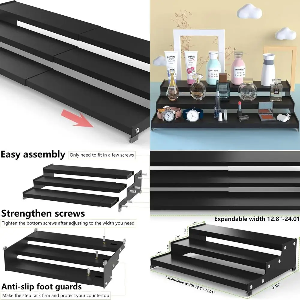 

Expandable 3-Tier Metal Spice Rack, 12.8-24.01 Wide, Non-Skid, Heavy Duty, Black