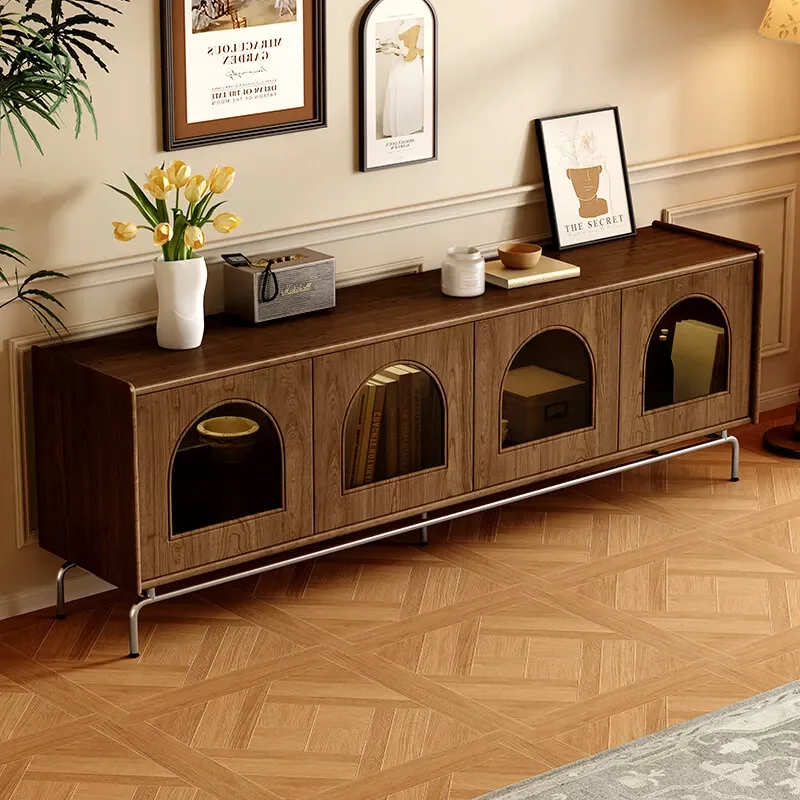 Medieval Solid Wood TV Cabinet Retro Roman Arched Storage Console Low Floor Unit for Living Room Integrated Entertainment