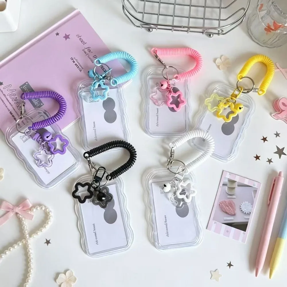 Versatile Plastic Photocard Holder Wavy Edge Clear Card Case with Spring Coil Lanyard Star Charm Card Sleeve School Office Home