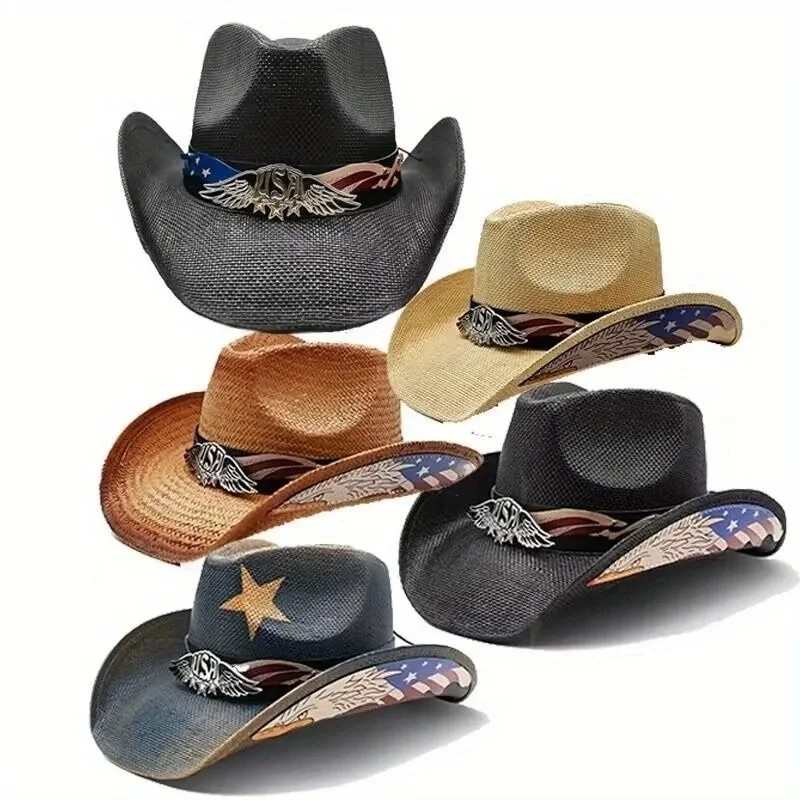 Fashionable Eagle Outdoor Men's Western Cowboy Hat, Sun Protection, Hard-Brimmed Premium Straw Hat, Elegant Jazz Top Hat